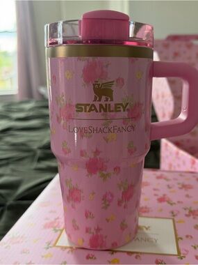 Stanley Pink Floral Travel Mug with Gold Logo